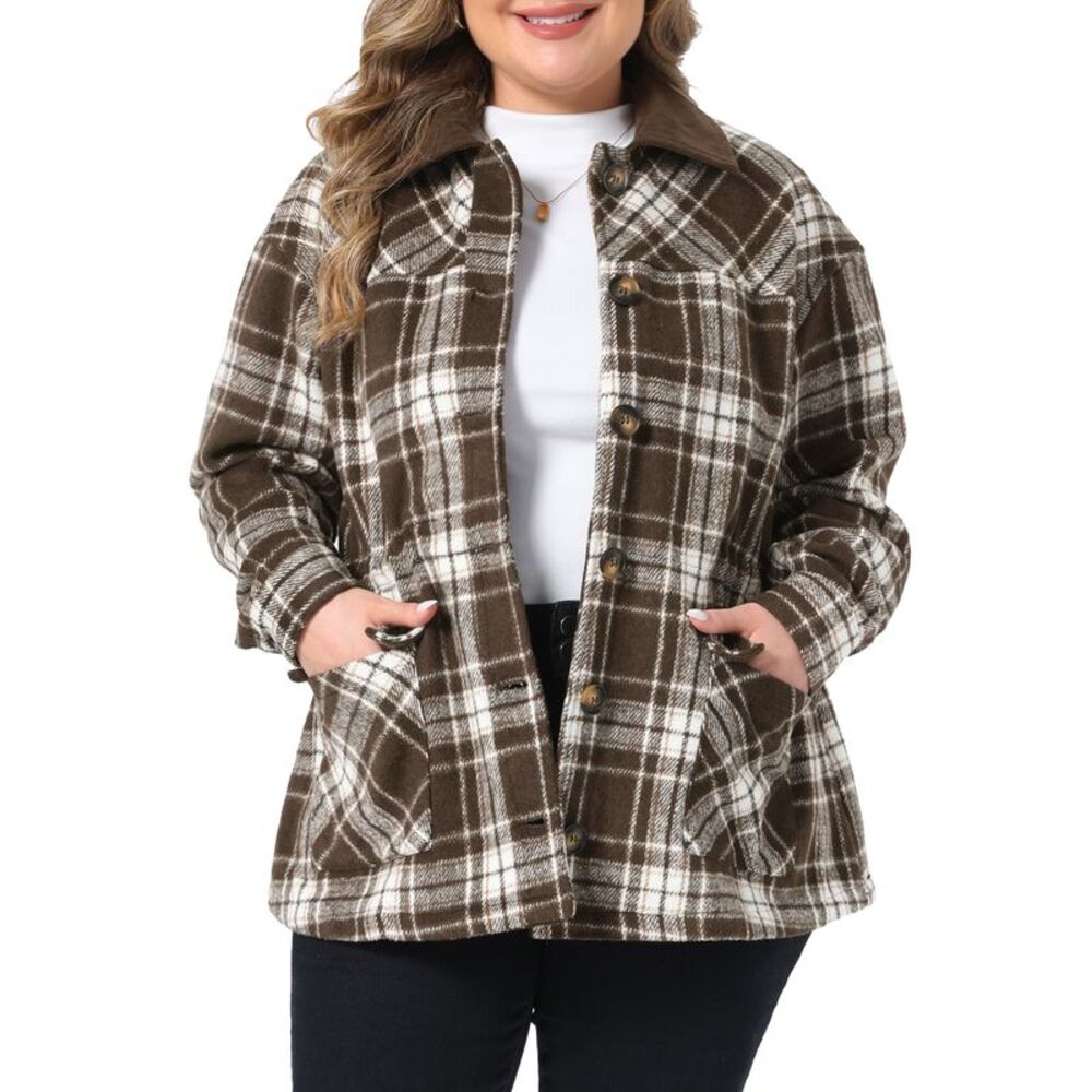 Women Plus Size Collar Color Blocked Button Plaid Jacket Brown